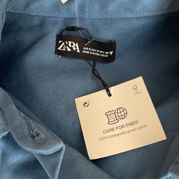 Zara blue 100% cotton denim button down mini twill long sleeve shirt dress S - Picture 7 of 11